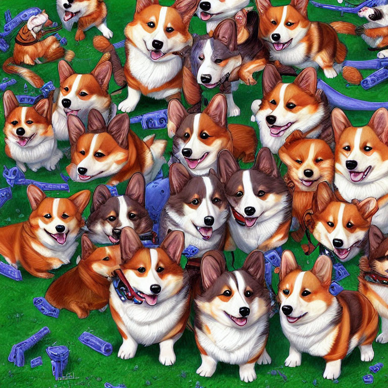 Collection of Corgi Illustrations with Toys and Food Bowls on Green Background