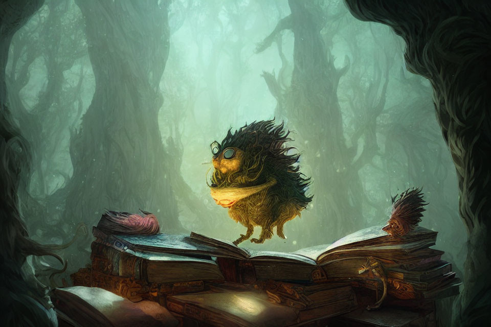 Whimsical creature with glasses reading in misty forest setting