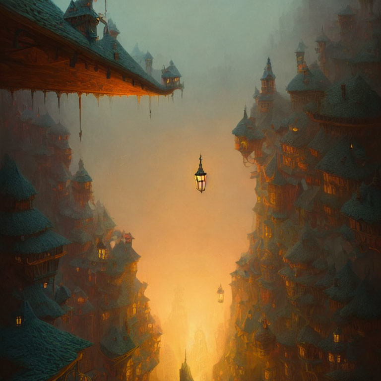 Foggy cityscape with hanging lanterns and traditional buildings under warm glow