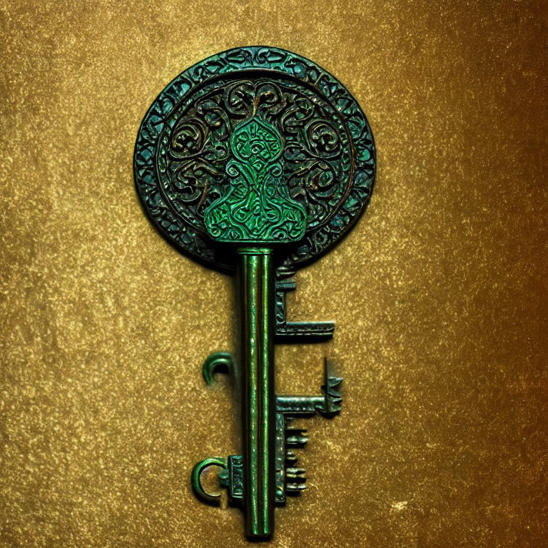 Intricate antique key with ornate design on golden background