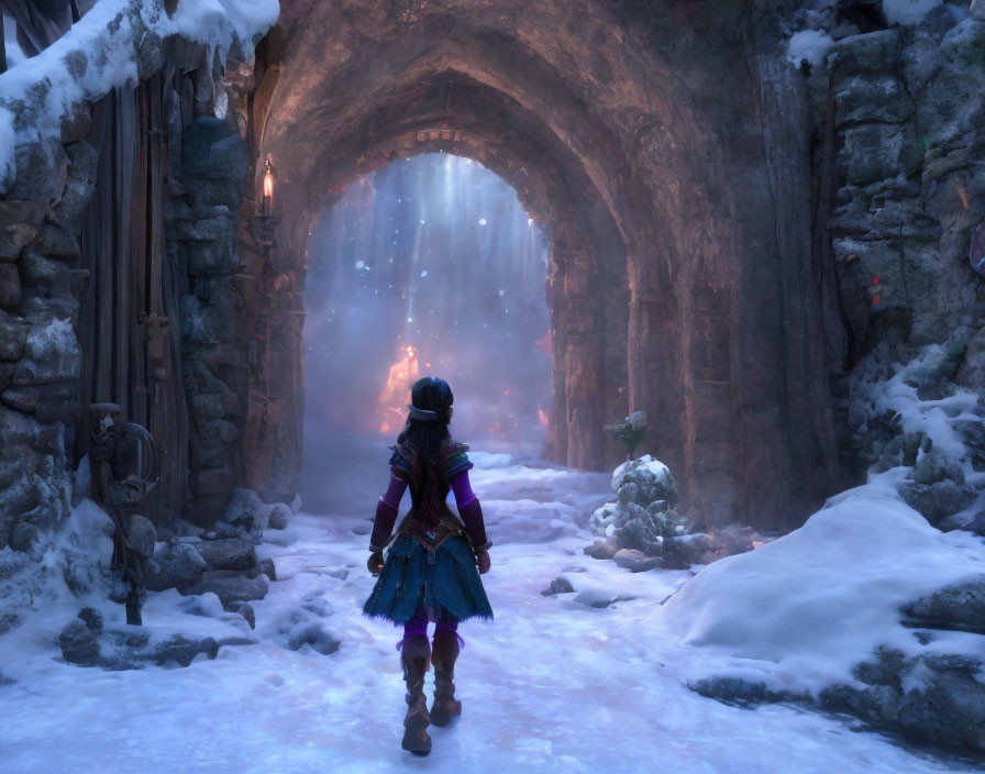 Medieval character approaching mystical portal in snow-covered archway