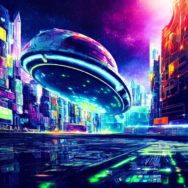 Futuristic cityscape at night with neon lights and spaceship