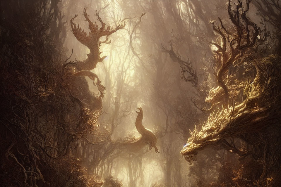 Majestic stag-like tree creatures in mystical forest scene