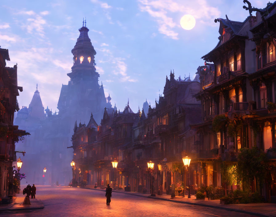 Moonlit cobblestone street in fantastical Eastern-inspired city with traditional architecture and warm lantern glow.