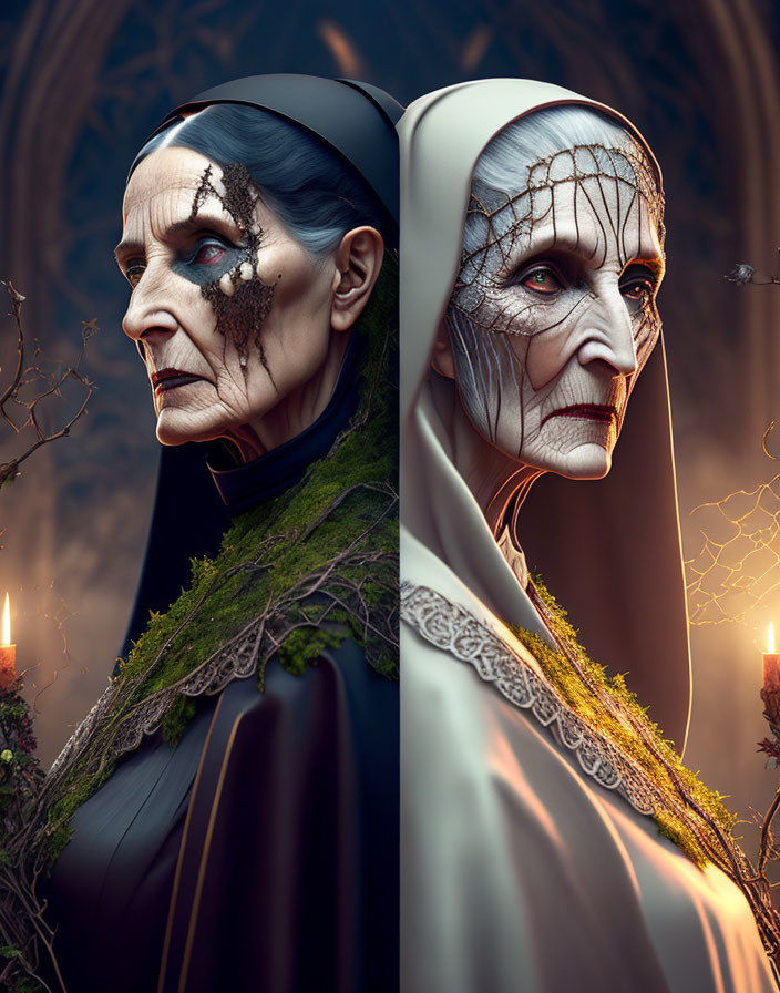 Hyper-realistic digital portraits of women in nun habits with aging and mystical symbols, against Gothic backdrop.