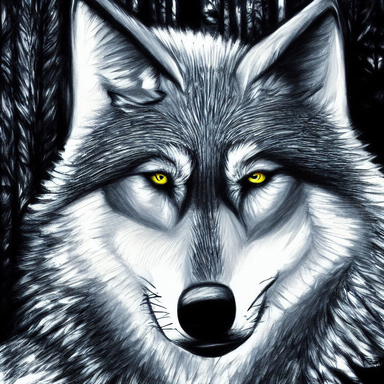 Detailed Wolf Illustration with Intense Yellow Eyes and Fur Shading