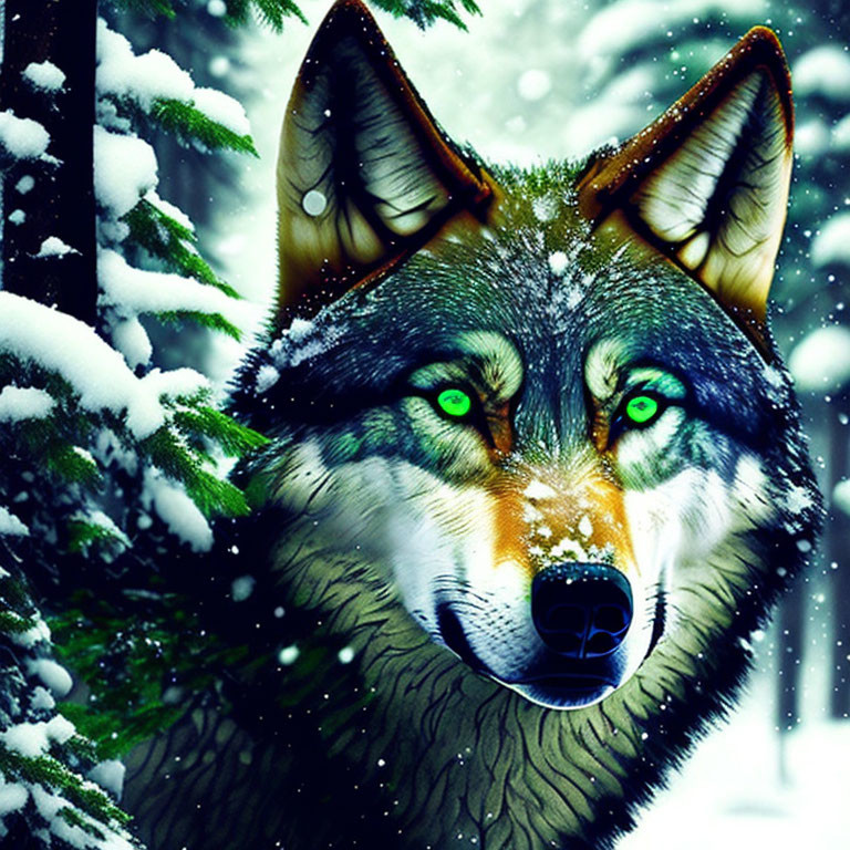 Wolf with Green Eyes in Snowy Evergreens: Wild Beauty and Winter Serenity