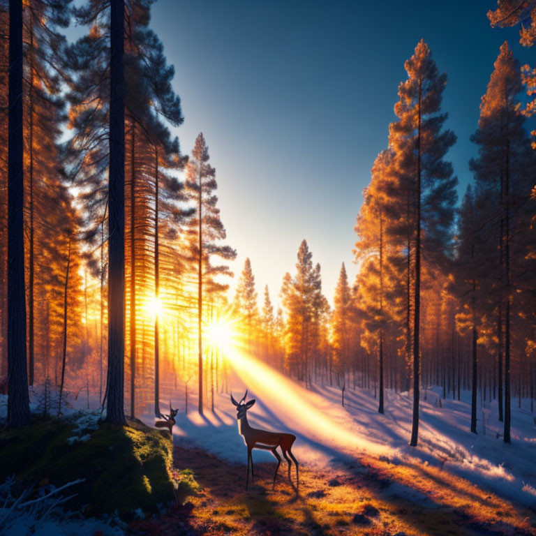 Snow-covered forest scene with deer at sunrise or sunset