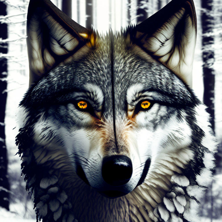 Digitally rendered wolf with amber eyes in snowy forest