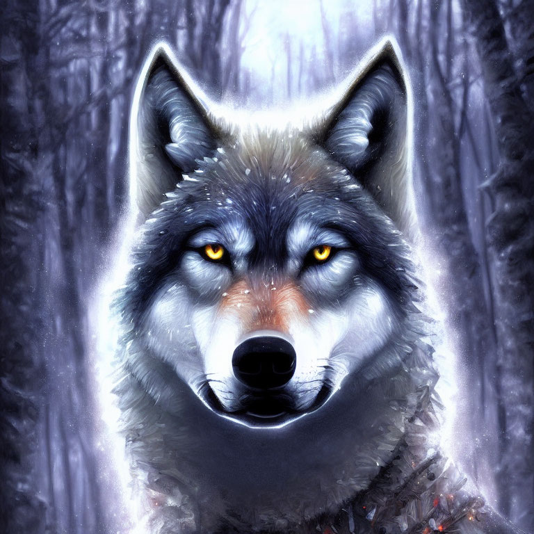 Digital artwork featuring a wolf with yellow eyes in snowy forest