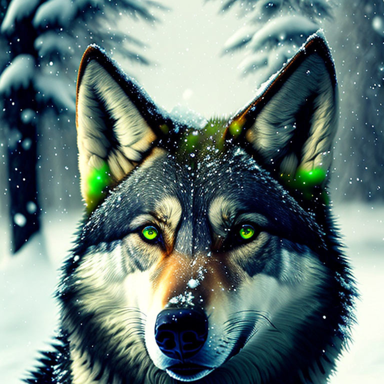 Detailed close-up of wolf's face in snowy backdrop