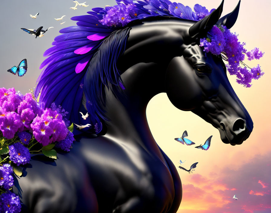 Black horse with purple flowers and butterflies in mane under sunset sky