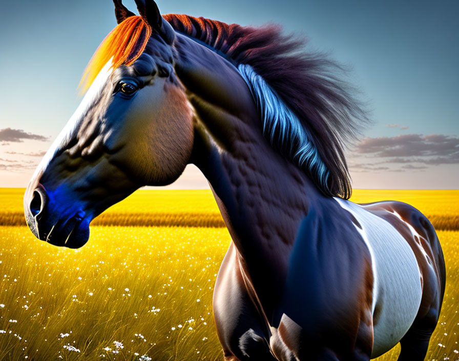 Vibrant digitally-rendered horse in field at sunset