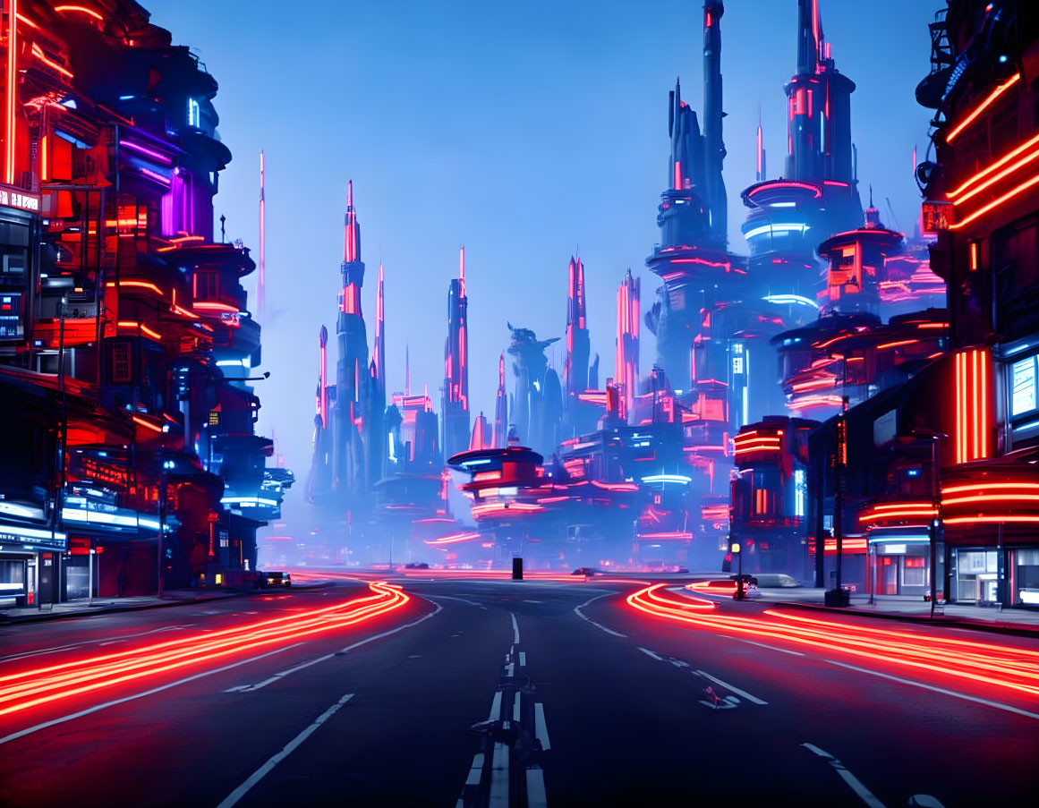 Futuristic cityscape with neon lights and flying vehicles at dusk