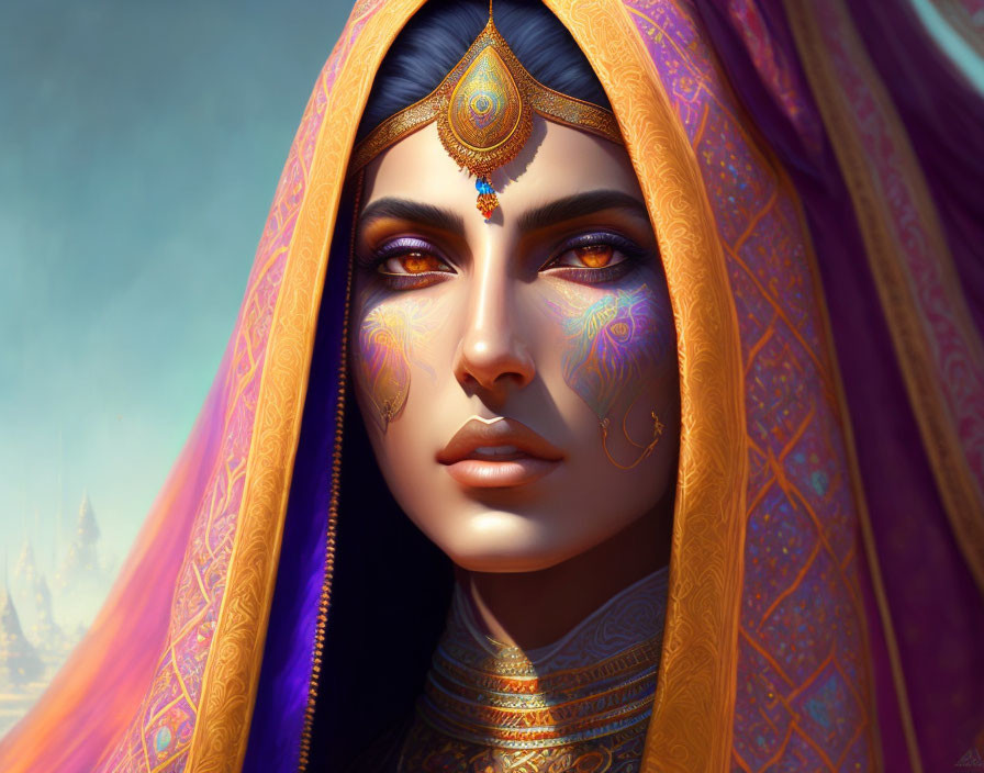 Digital portrait of woman with vibrant headscarf and jewelry on fantasy-like background