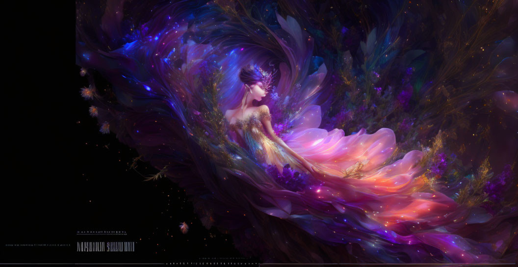 Colorful swirling nebula envelops woman in vibrant cosmic scene