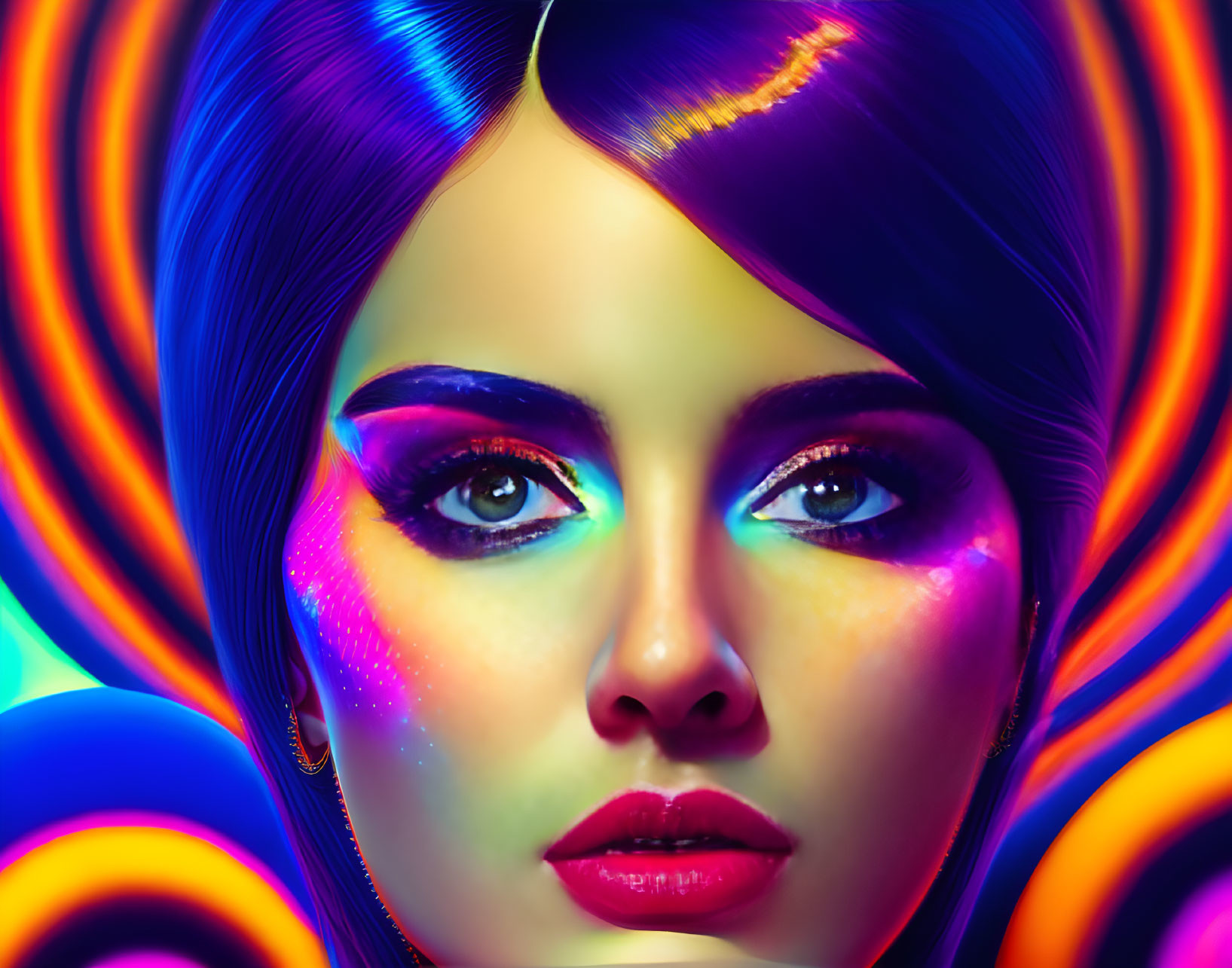 Colorful digital portrait of a woman with swirling patterns in the background