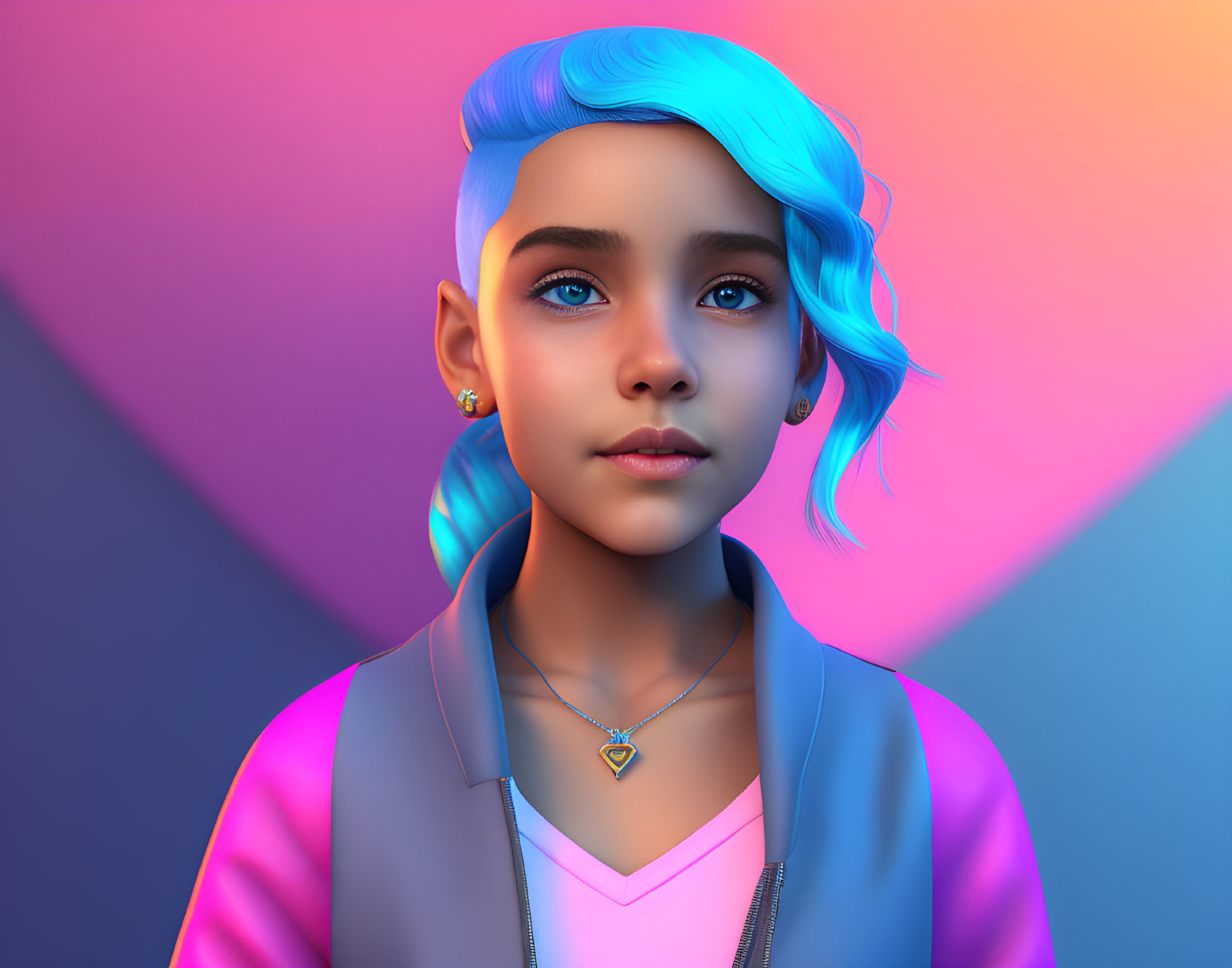 Vibrant digital portrait of a girl with blue hair and heart pendant