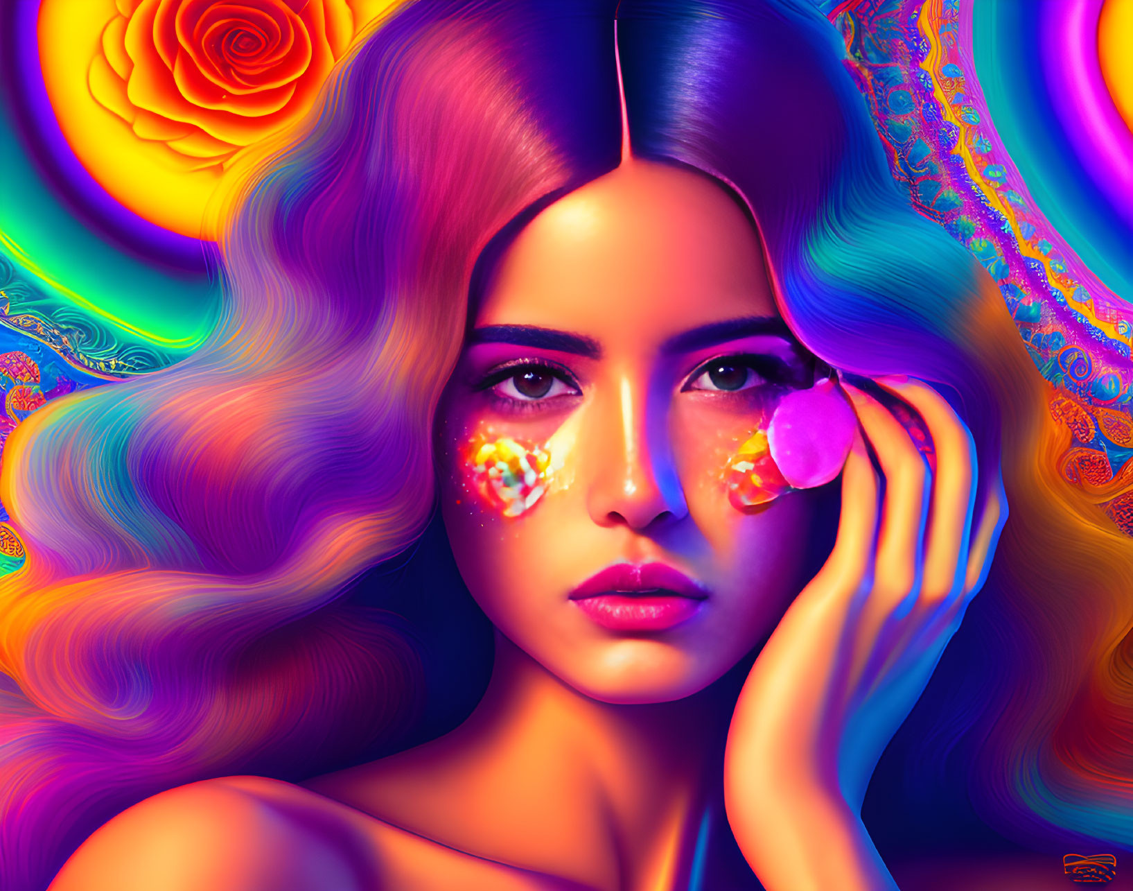 Colorful digital artwork of a woman with flowing hair and vibrant colors