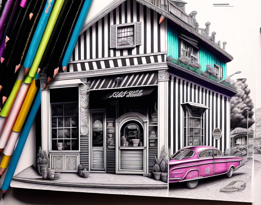 Monochrome vintage barber shop with neon signs and classic pink car illustration.