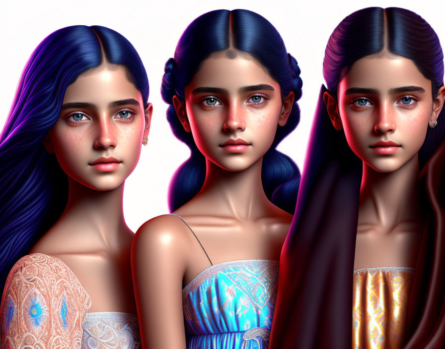 Three stylized digital portraits of young females with distinct hair colors and outfits.