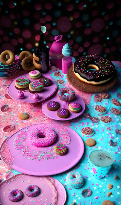 Colorful Donuts and Cupcakes Still Life with Wine on Pink Plates