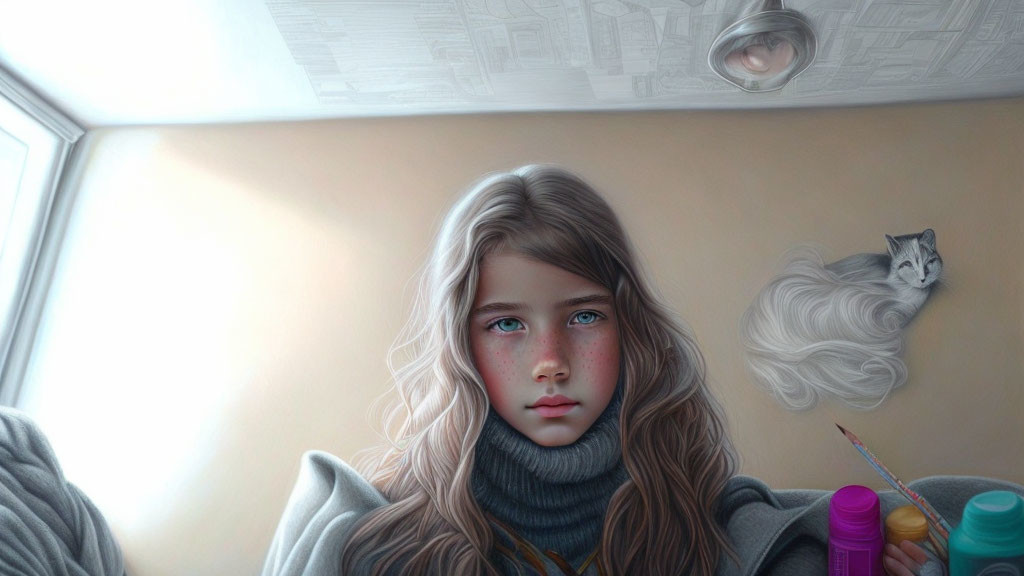 Young girl with blue eyes and wavy hair in grey sweater in room with cat mural.