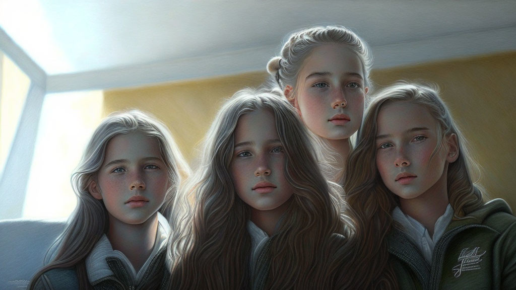 Four girls with long hair and different expressions in softly lit room