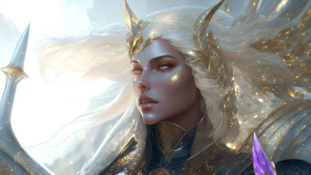 Fantasy digital artwork: Female figure with white hair and golden armor