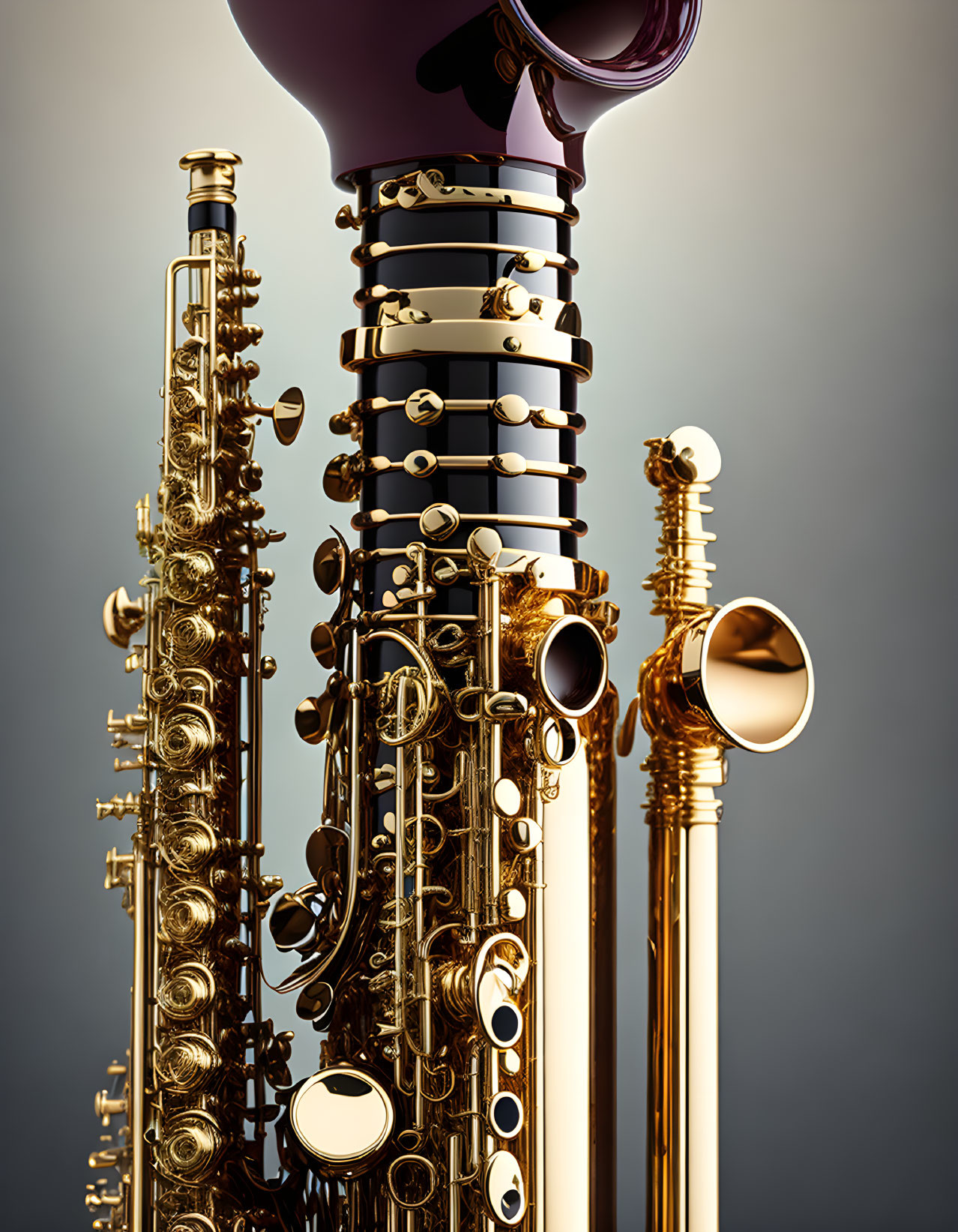 Brass wind instruments: saxophone, clarinet, flute on gradient background