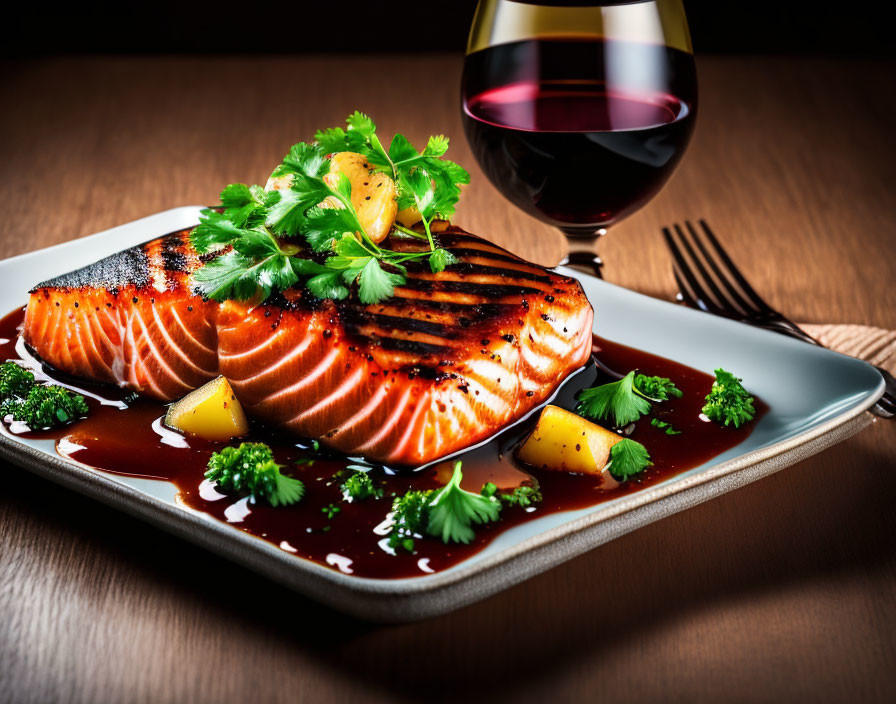 Salmon Fillets with Parsley and Lemon, Red Wine Pairing on Wooden Table