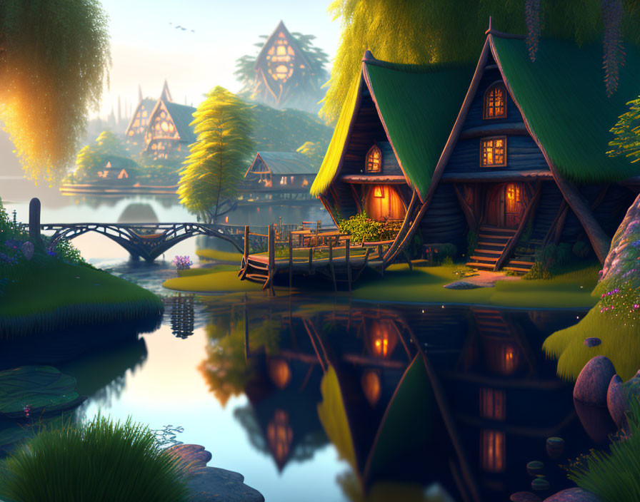 Tranquil fantasy village by calm lake and footbridge