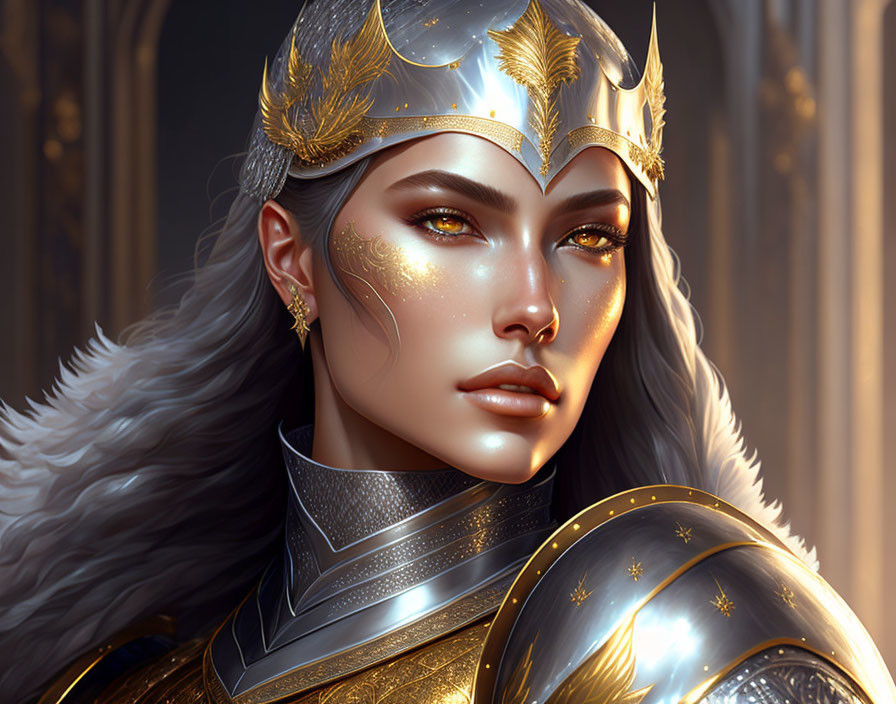 Regal warrior woman in golden crown and armor