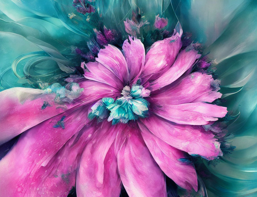 Vibrant digital artwork of pink flower on turquoise background