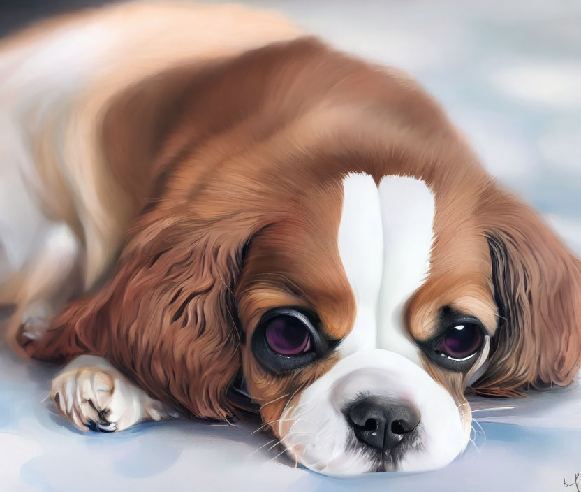 Realistic digital painting of brown and white Cavalier King Charles Spaniel