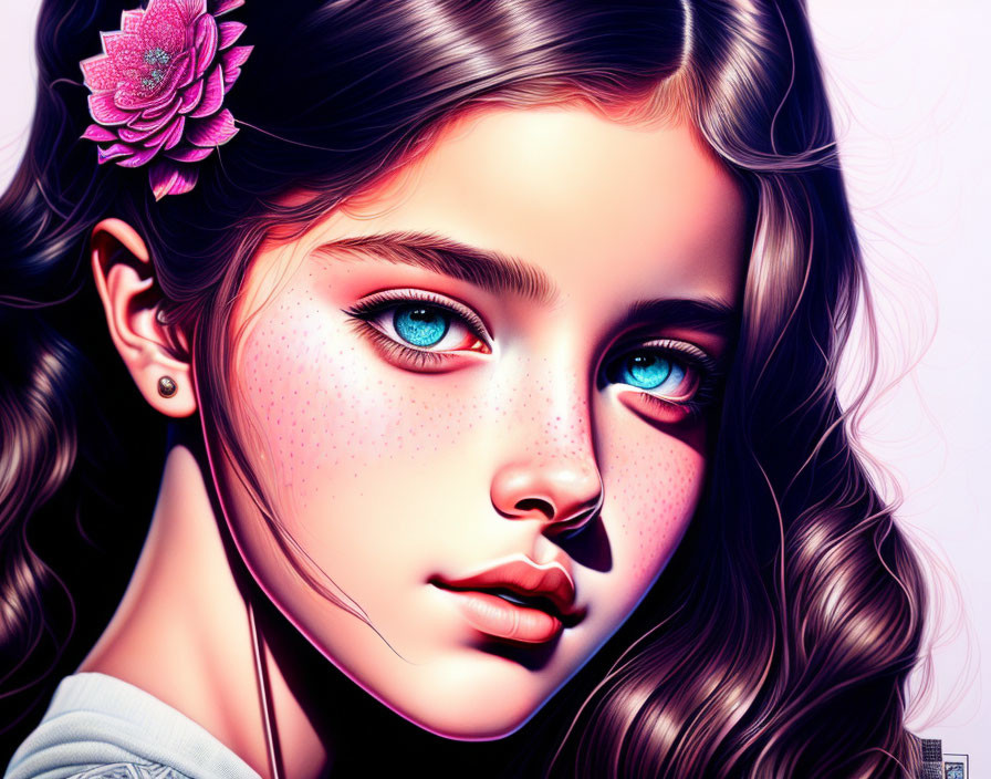 Girl with Blue Eyes and Wavy Hair Holding Pink Flower - Vibrant Illustration