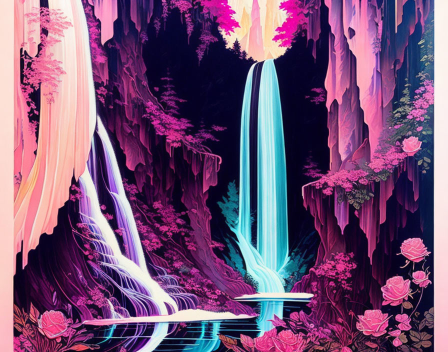 Fantasy waterfall illustration with pink and purple hues surrounded by lush flora