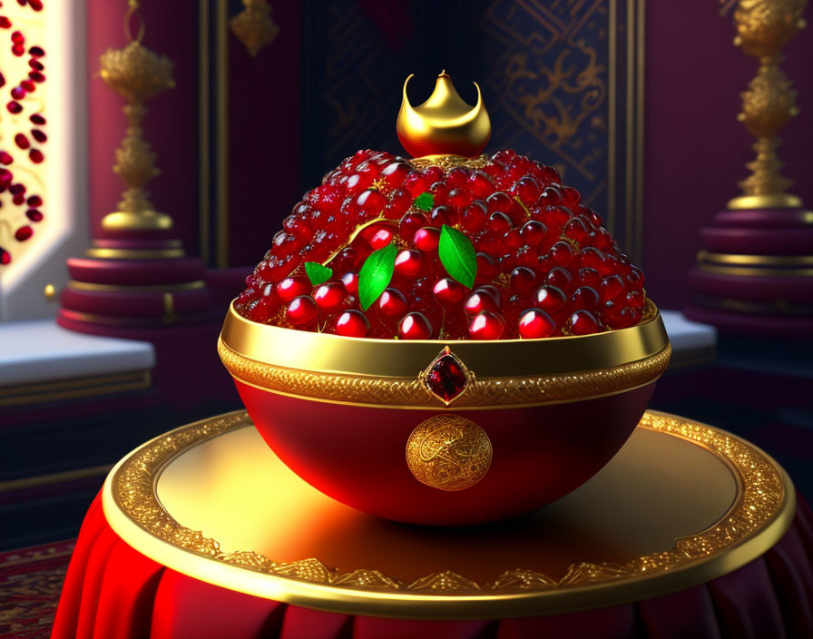 Ornate golden bowl with pomegranate seeds and crown on regal background