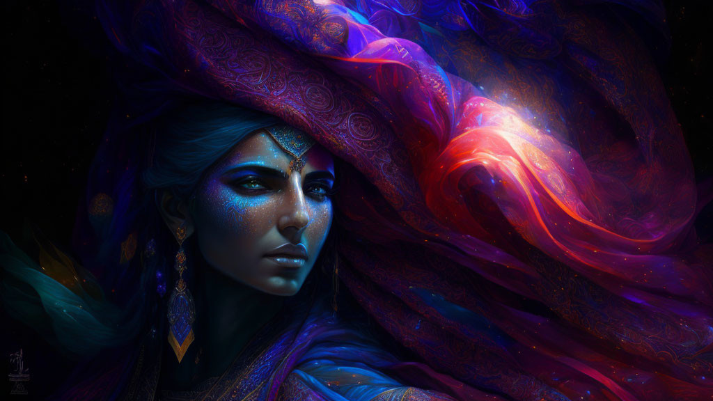 Blue-Hued Female Figure with Galaxy Turban and Jewelry on Cosmic Background