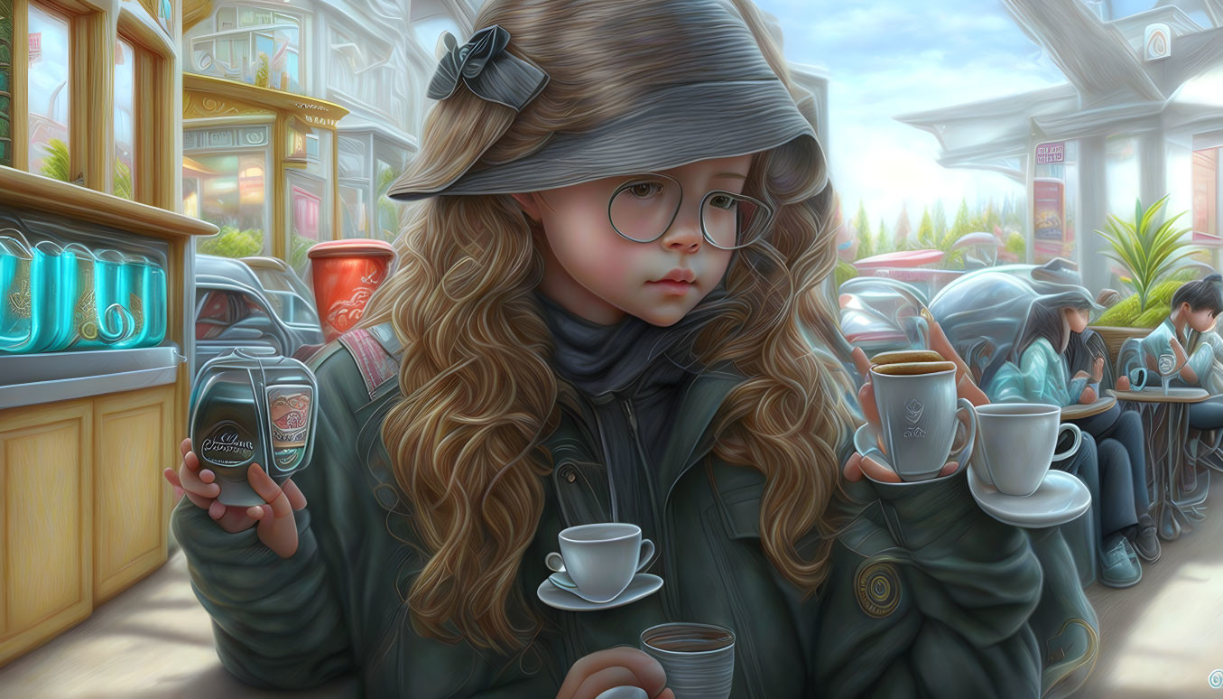 Young girl with glasses and curly hair holding a compass and teacup in outdoor café scene