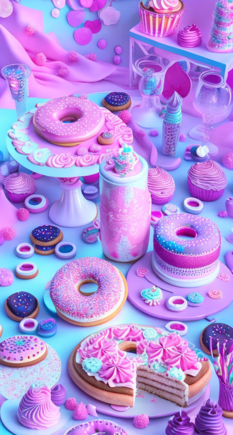 Assortment of Pink and Purple Desserts on Pastel Background