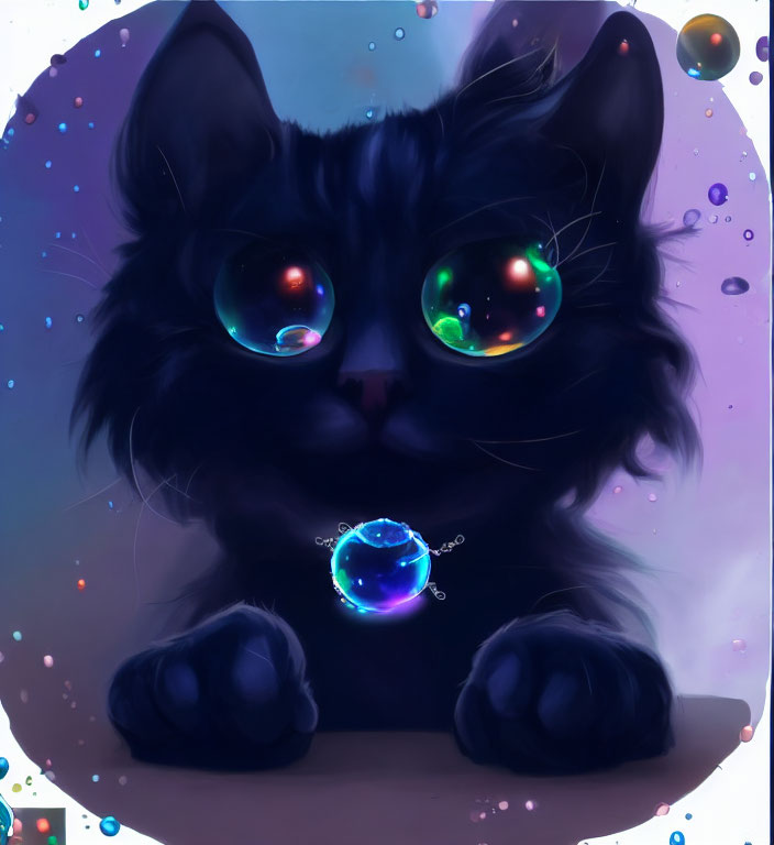 Illustration of fluffy black cat with galaxy eyes and pendant in cosmic setting