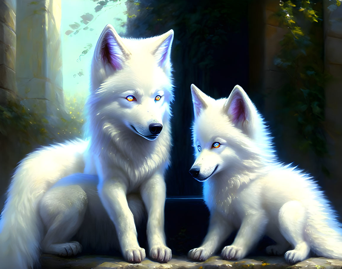 White Wolves with Blue Eyes in Sunlit Forest Clearing: Serene and Majestic