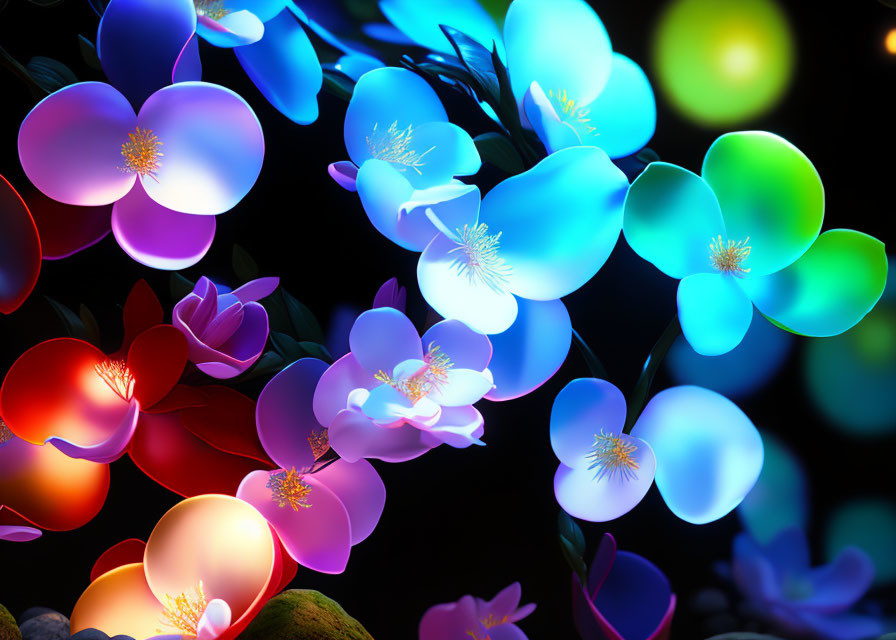 Colorful Glowing Flowers in Blue, Purple, and Pink on Dark Background