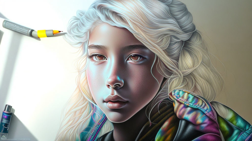 Hyperrealistic Digital Art: Young Girl with Grey Hair & Multicolored Jacket in Sunlight