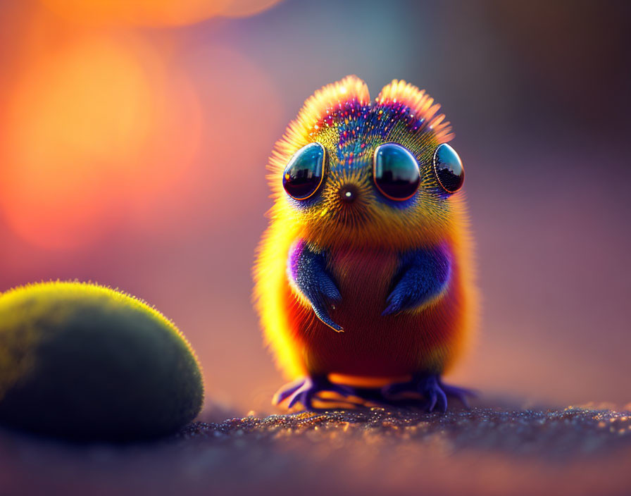 Colorful fluffy creature with expressive eyes and iridescent fur next to a small object in warm bo