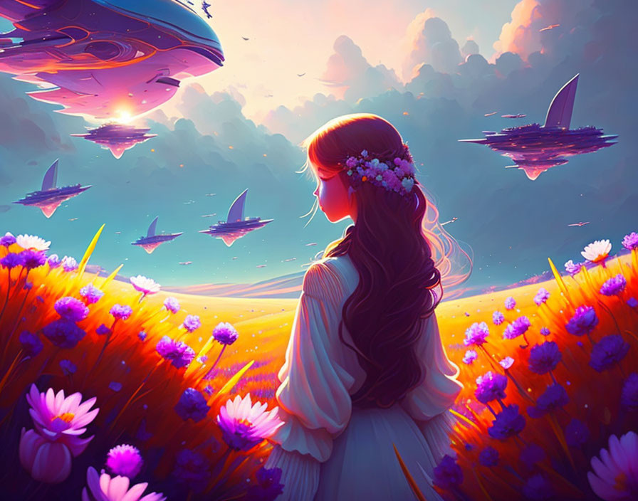 Girl with Flower Crown Observes Surreal Sky with Floating Ships and Vibrant Flora