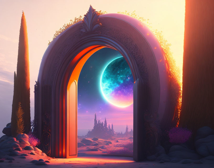 Ornate portal reveals vibrant cosmic scene with blue planet and stars on alien landscape