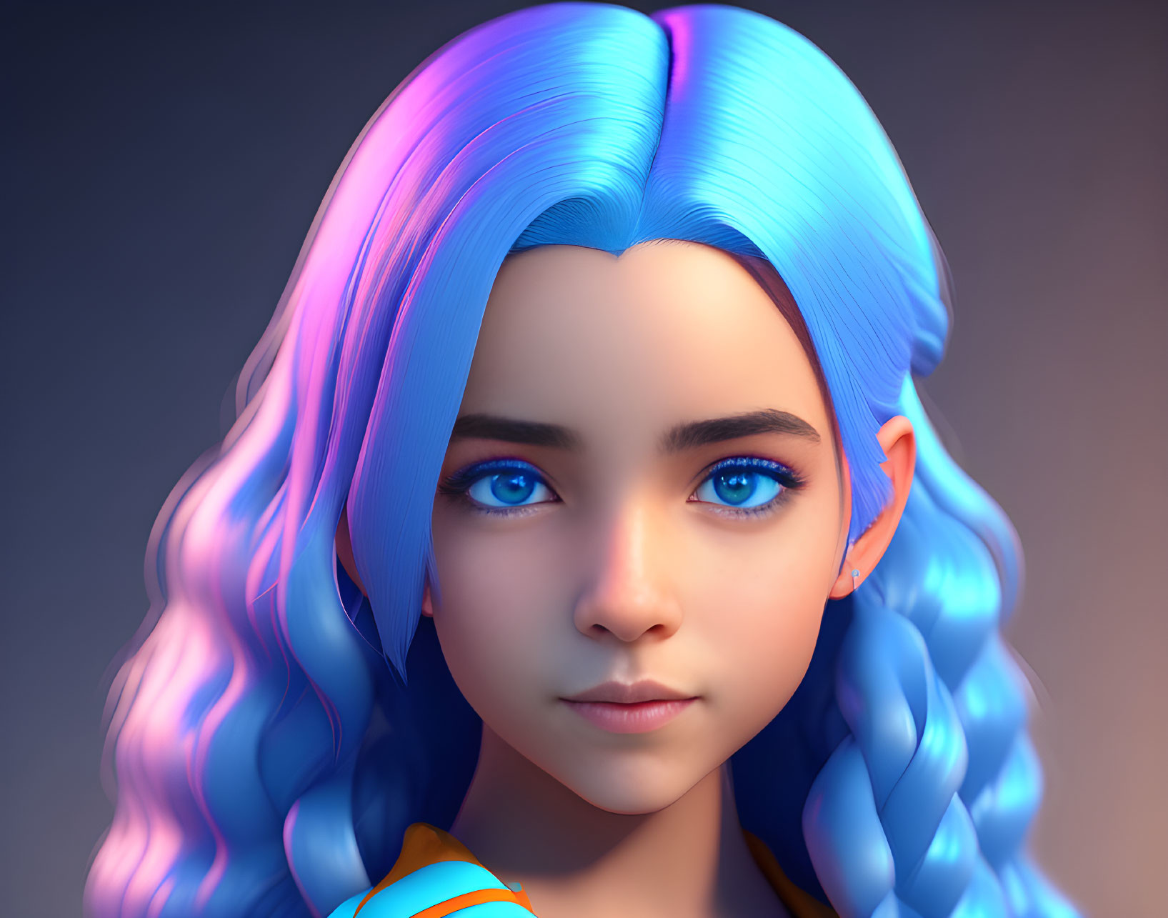 Vibrant blue and purple hair girl 3D illustration on gradient background