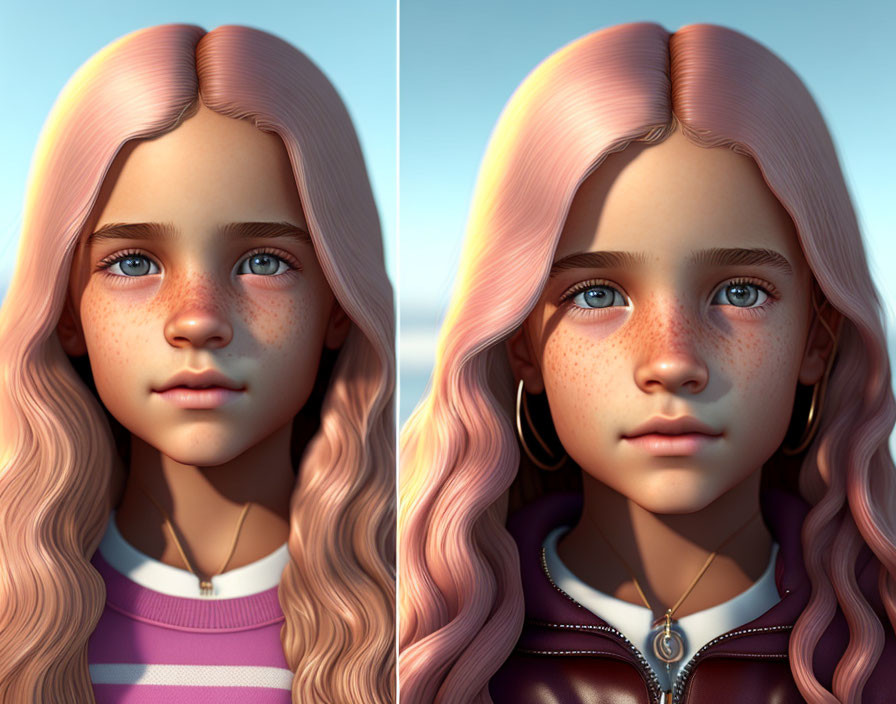 Digital art: Girl with pink hair, blue eyes, freckles, two outfits, daylight scene